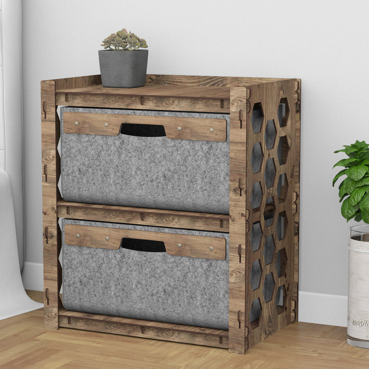 Honeycomb Bedside Table Nightstand 2 Drawers [2 LARGE GRAY BINS]