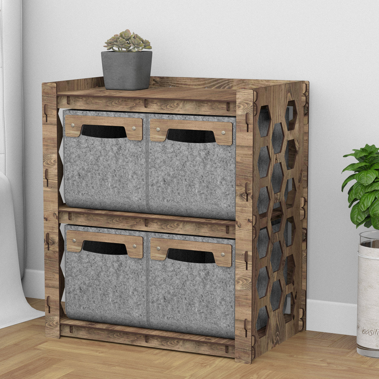 Honeycomb Bedside Table Nightstand 4 Drawers [4 SMALL GRAY BINS]