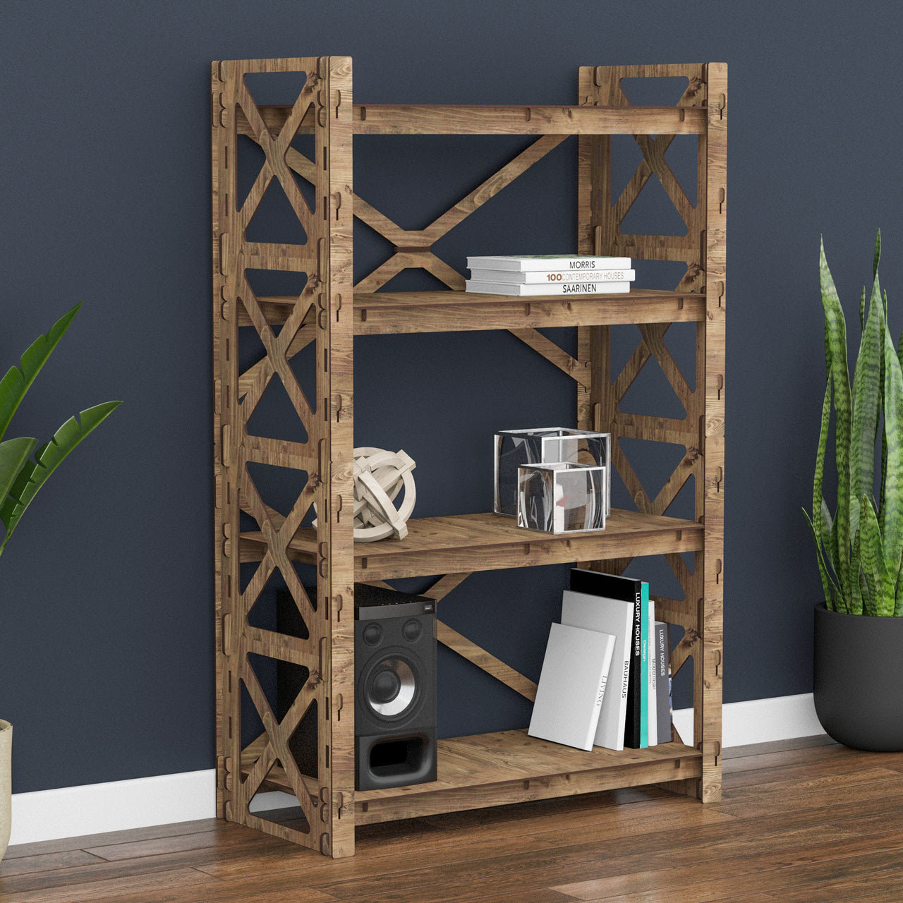 Cross X 4-tier  Open Back Bookshelf Bookcase Shelving Unit