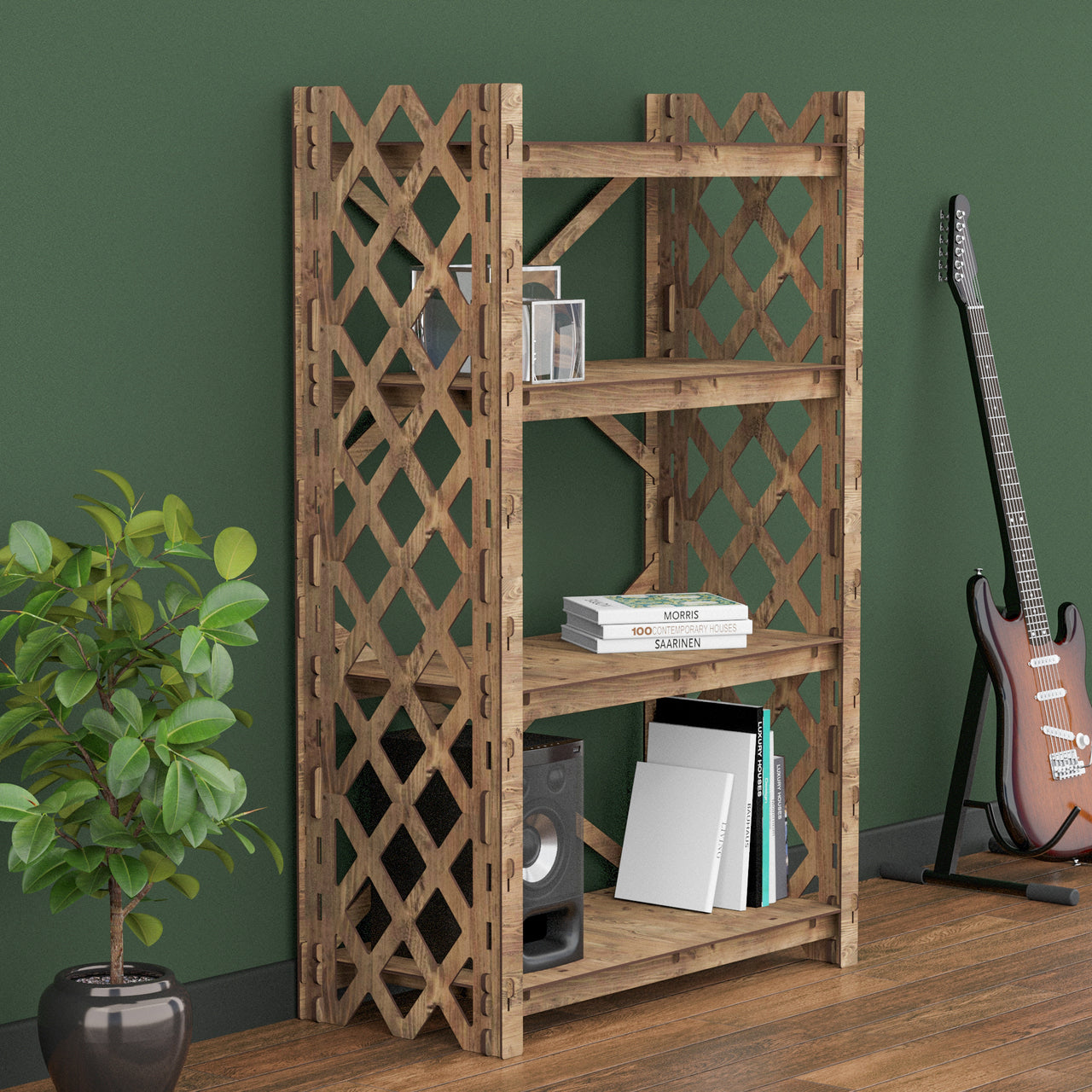 Rhombus X 4-tier Open Back Bookshelf Bookcase Shelving Unit