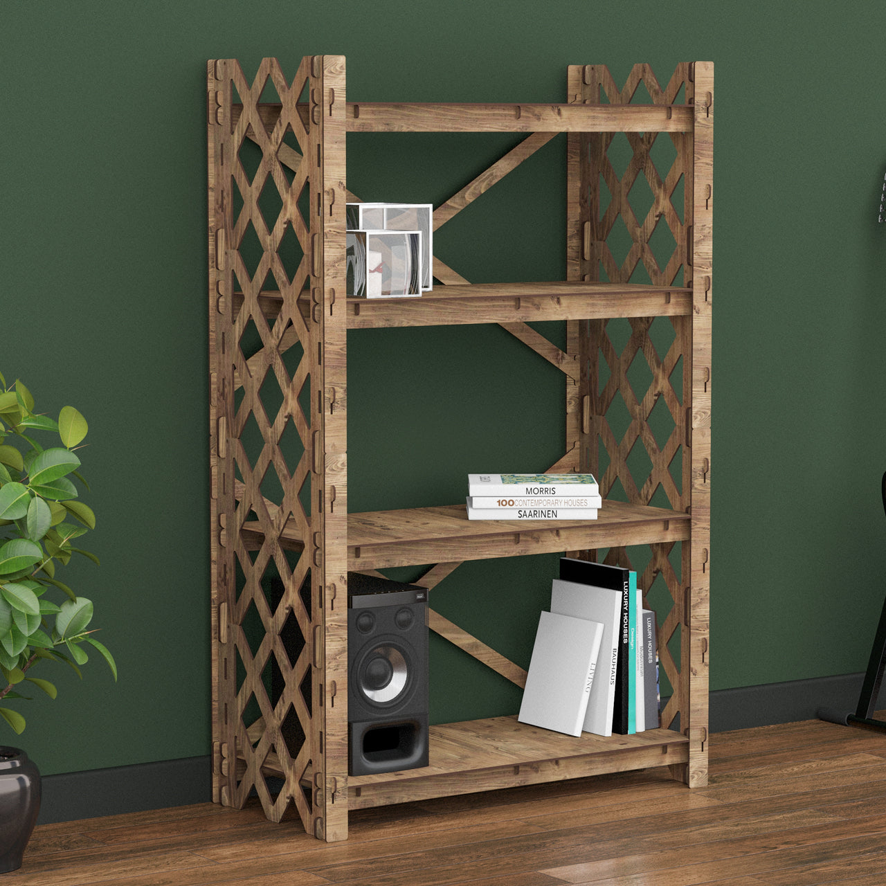 Rhombus X 4-tier Open Back Bookshelf Bookcase Shelving Unit