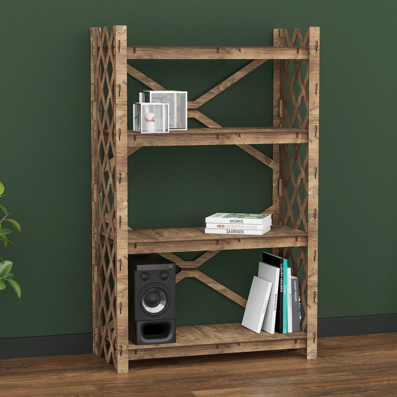 Rhombus X 4-tier Open Back Bookshelf Bookcase Shelving Unit