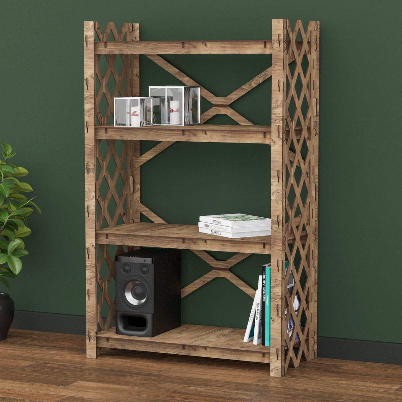 Rhombus X 4-tier Open Back Bookshelf Bookcase Shelving Unit