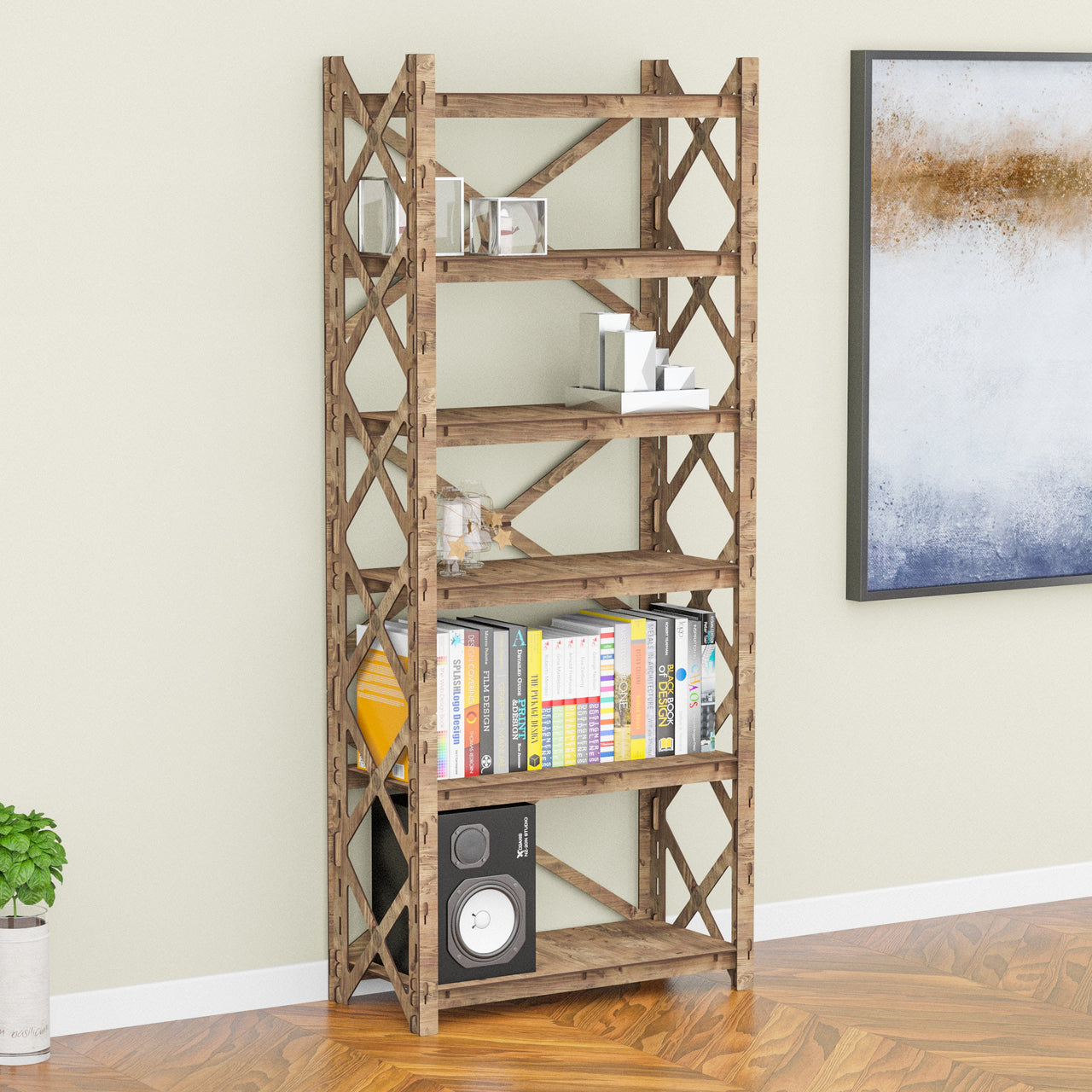 X-frame 6-tier  Bookshelf Bookcase Shelving Unit (No Back)