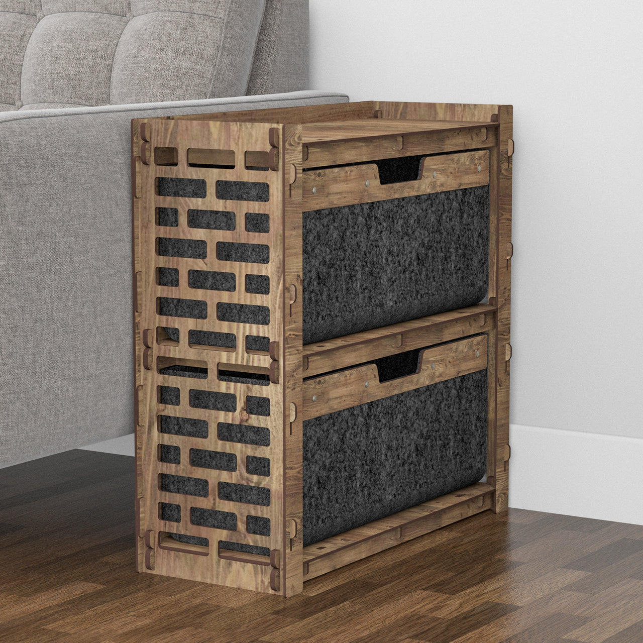 Brickwall Side Table, End Table 2 Drawers [2 LARGE BLACK BINS]