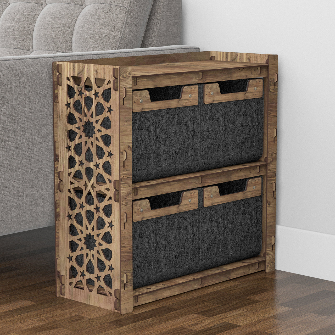 Arabic Side Table, End Table 4 Drawers [4 SMALL BLACK BINS]