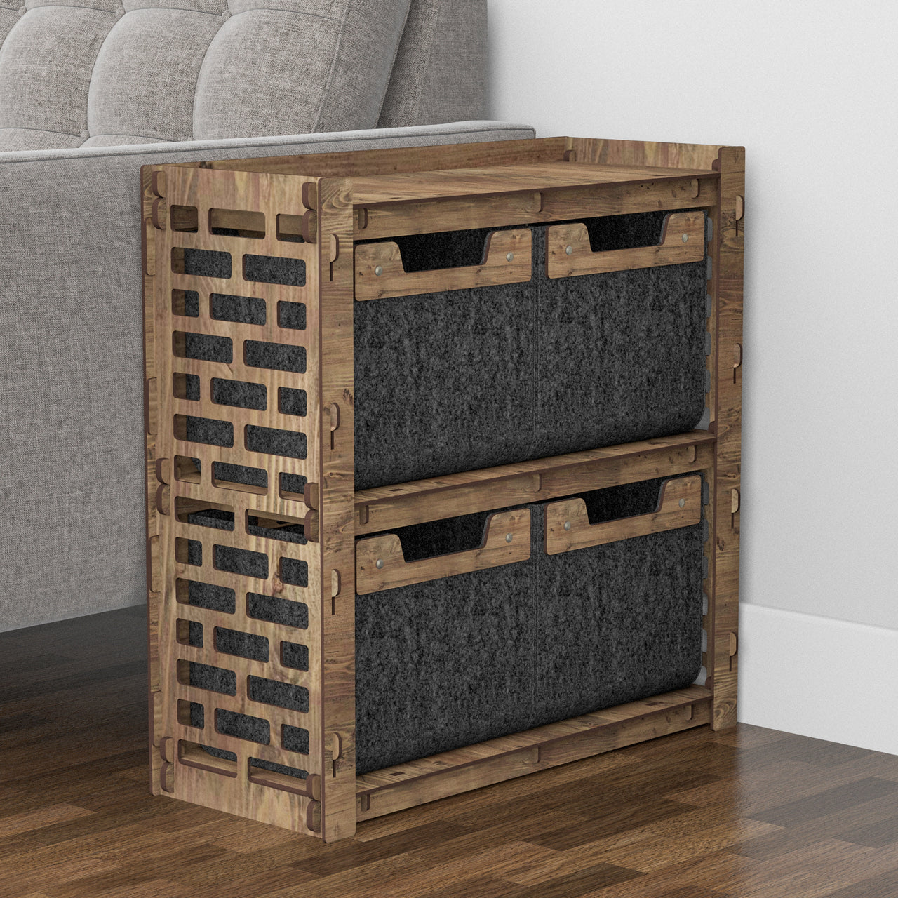 Brickwall Side Table, End Table 4 Drawers [4 SMALL BLACK BINS]