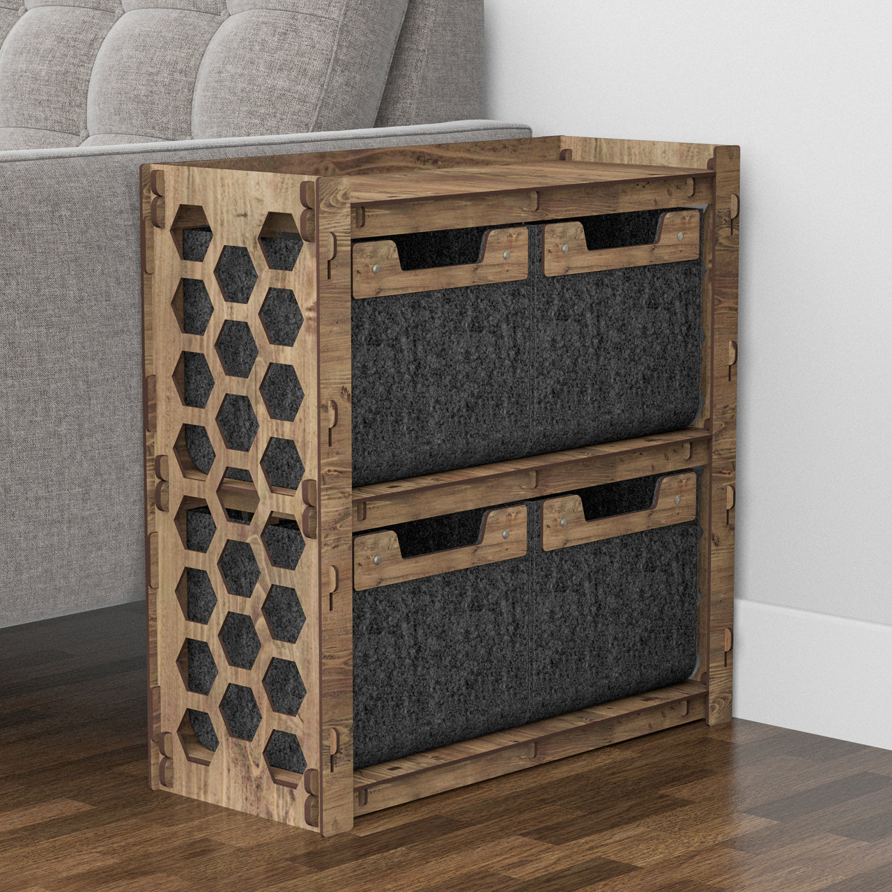 Honeycomb Side Table, End Table 4 Drawers [4 SMALL BLACK BIN]