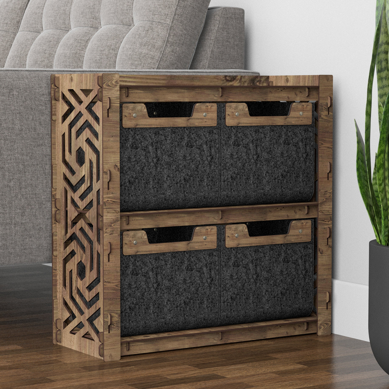 Solar Side Table, End Table 4 Drawers [4 SMALL BLACK BINS]