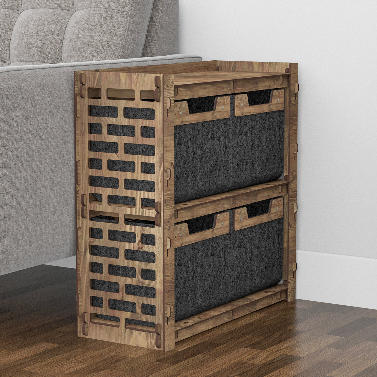 Brickwall Side Table, End Table 4 Drawers [4 SMALL BLACK BINS]