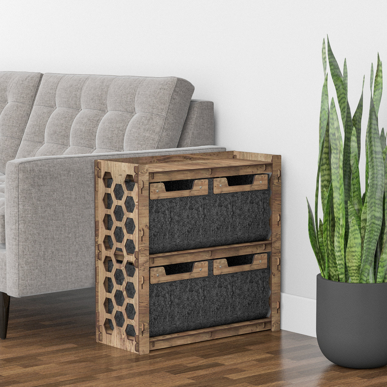 Honeycomb Side Table, End Table 4 Drawers [4 SMALL BLACK BIN]