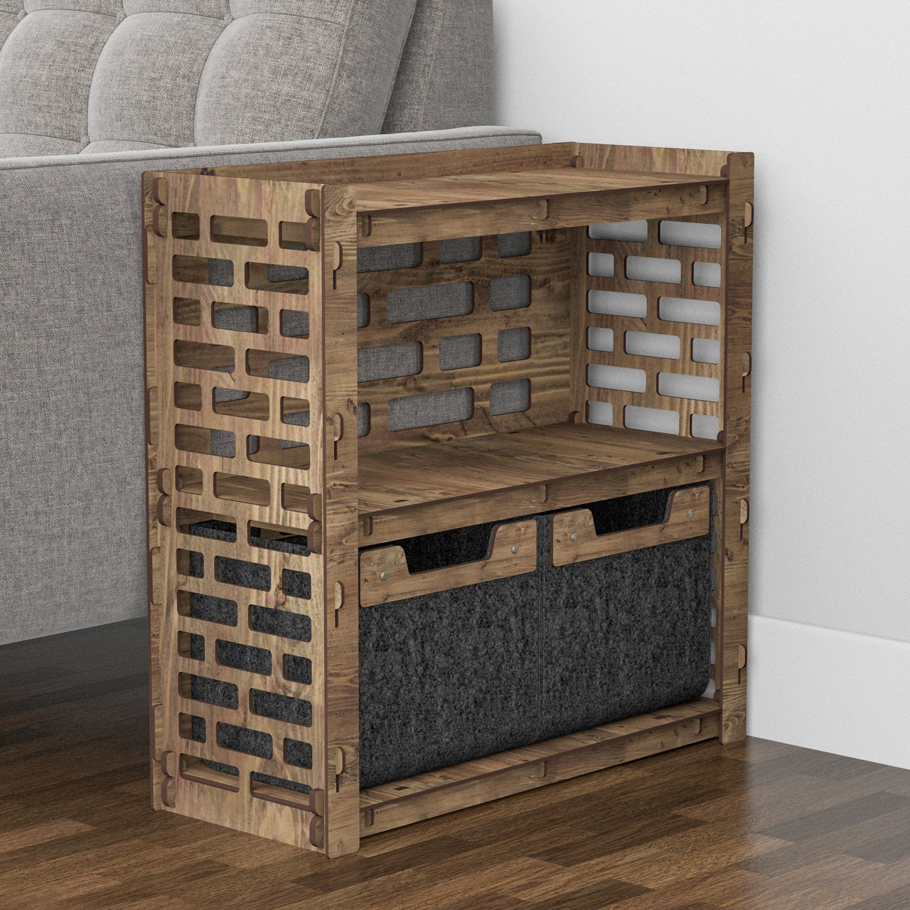 Brickwall Side Table, End Table 2 Drawers [2 SMALL BLACK BINS]