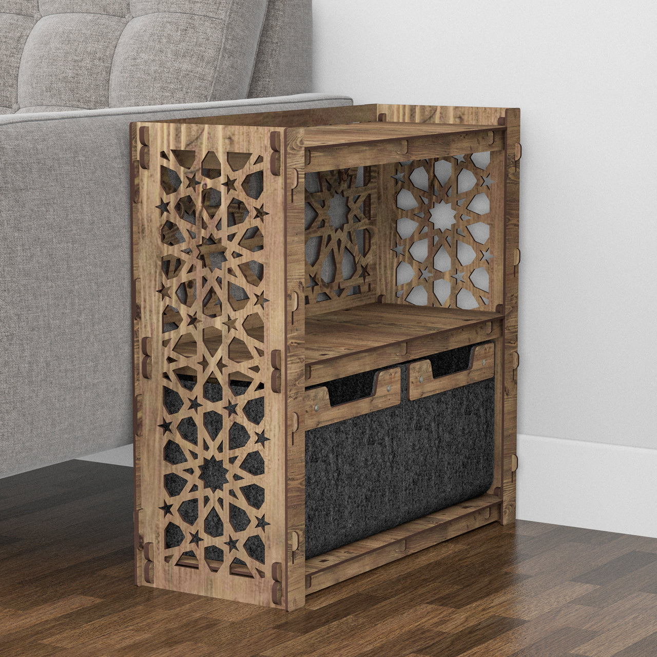 Arabic Side Table, End Table 2 Drawers [2 SMALL BLACK BINS]