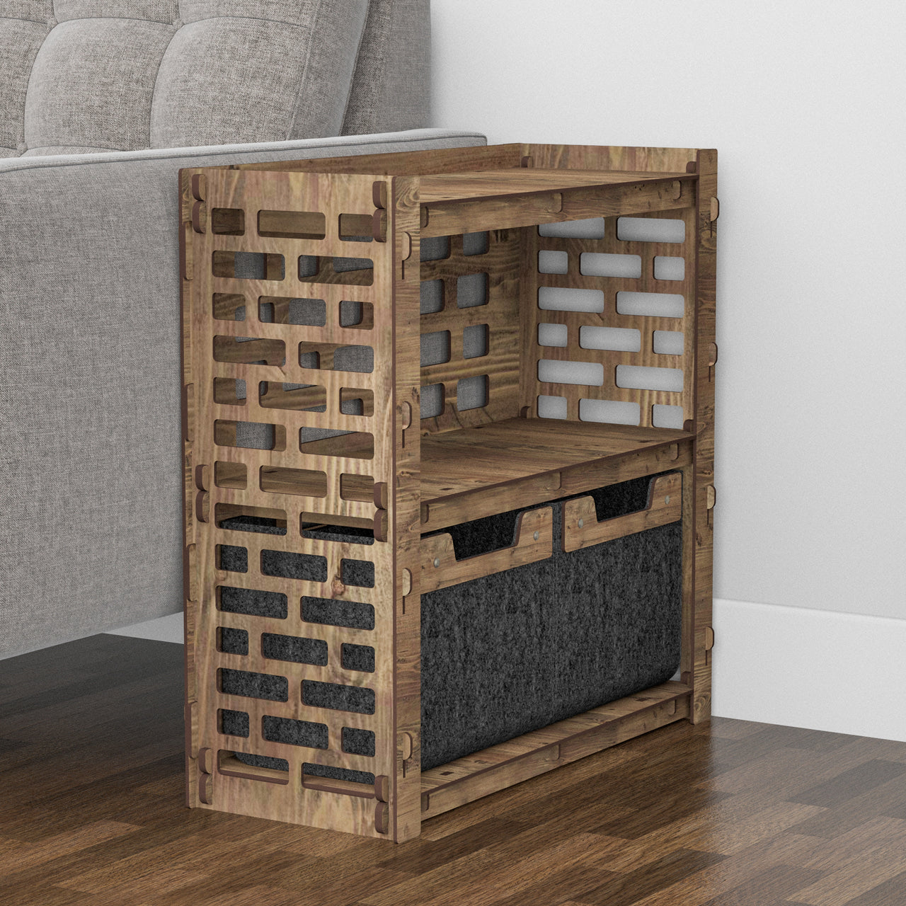 Brickwall Side Table, End Table 2 Drawers [2 SMALL BLACK BINS]