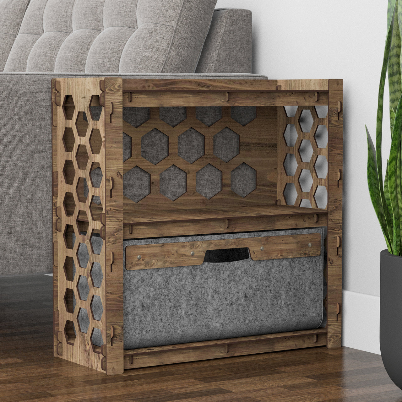 Honeycomb Side Table, End Table 1 Drawer [1 LARGE GRAY BIN]