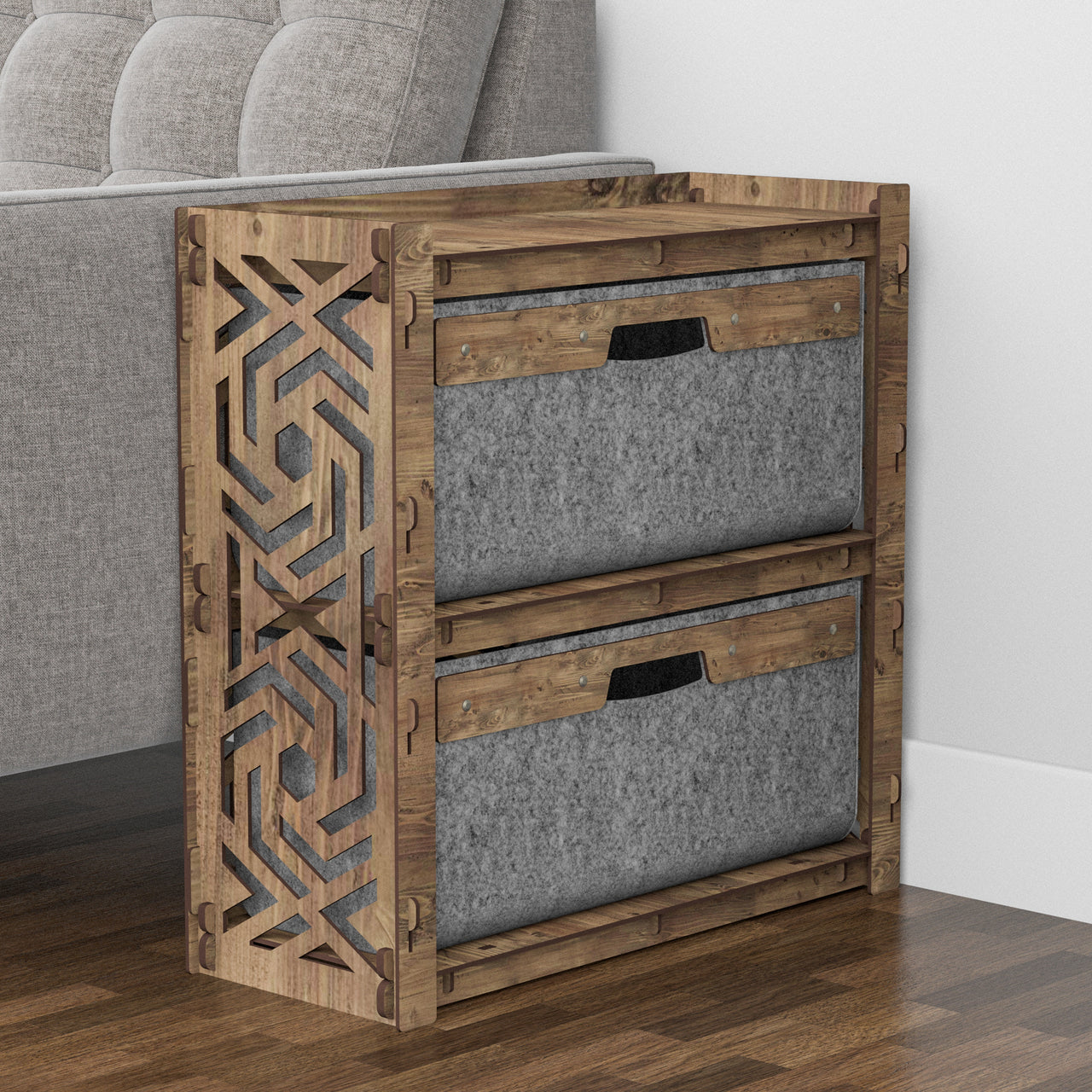 Solar Side Table, End Table 2 Drawers [2 LARGE GRAY BINS]