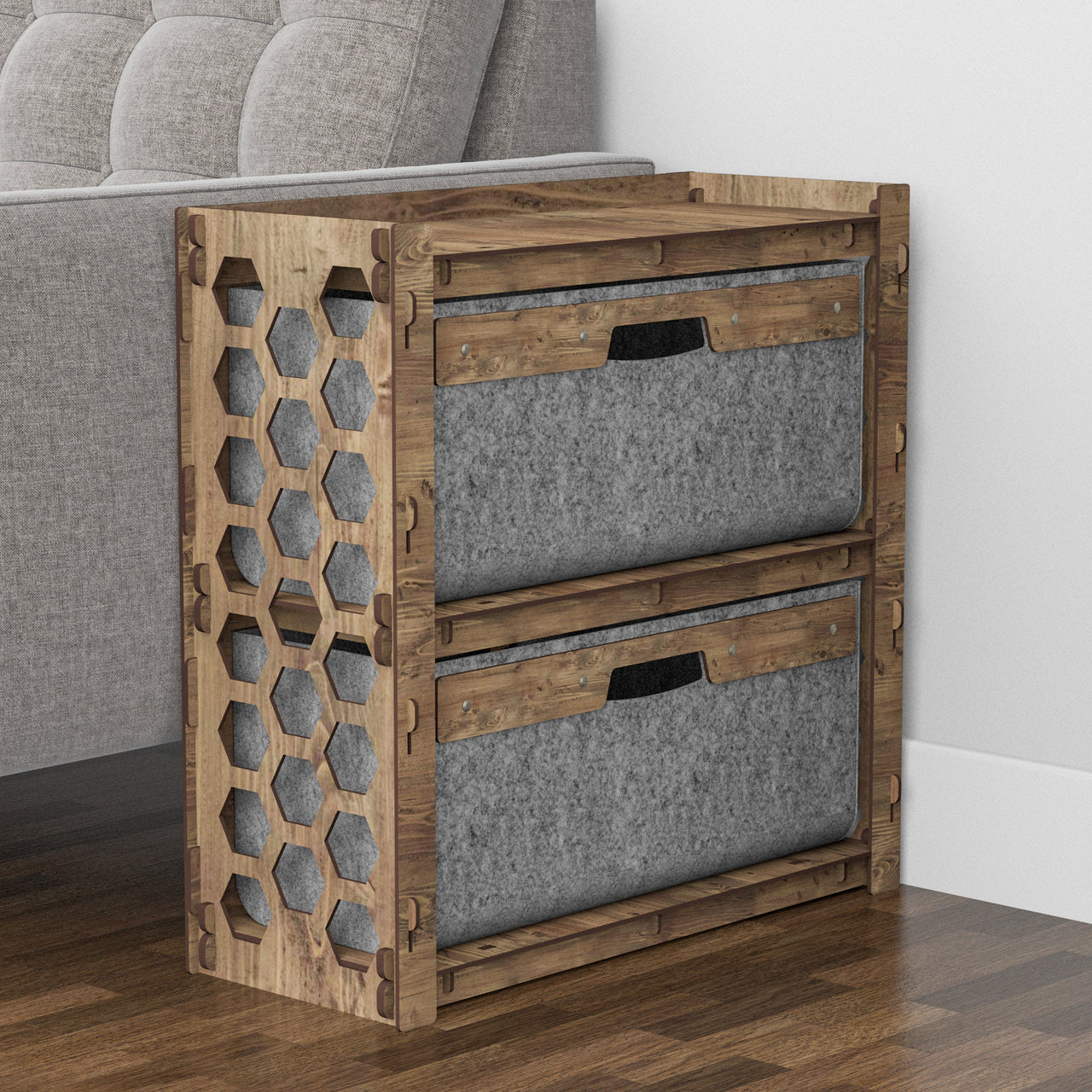 Honeycomb Side Table, End Table 2 Drawers [2 LARGE GRAY BINS]