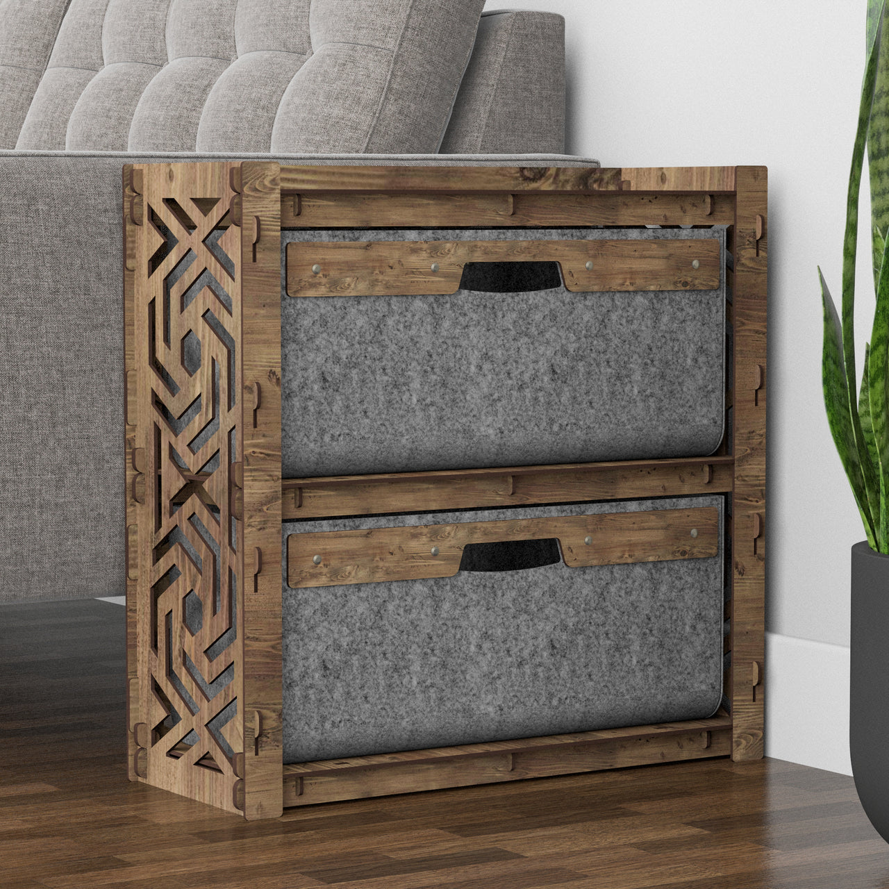 Solar Side Table, End Table 2 Drawers [2 LARGE GRAY BINS]