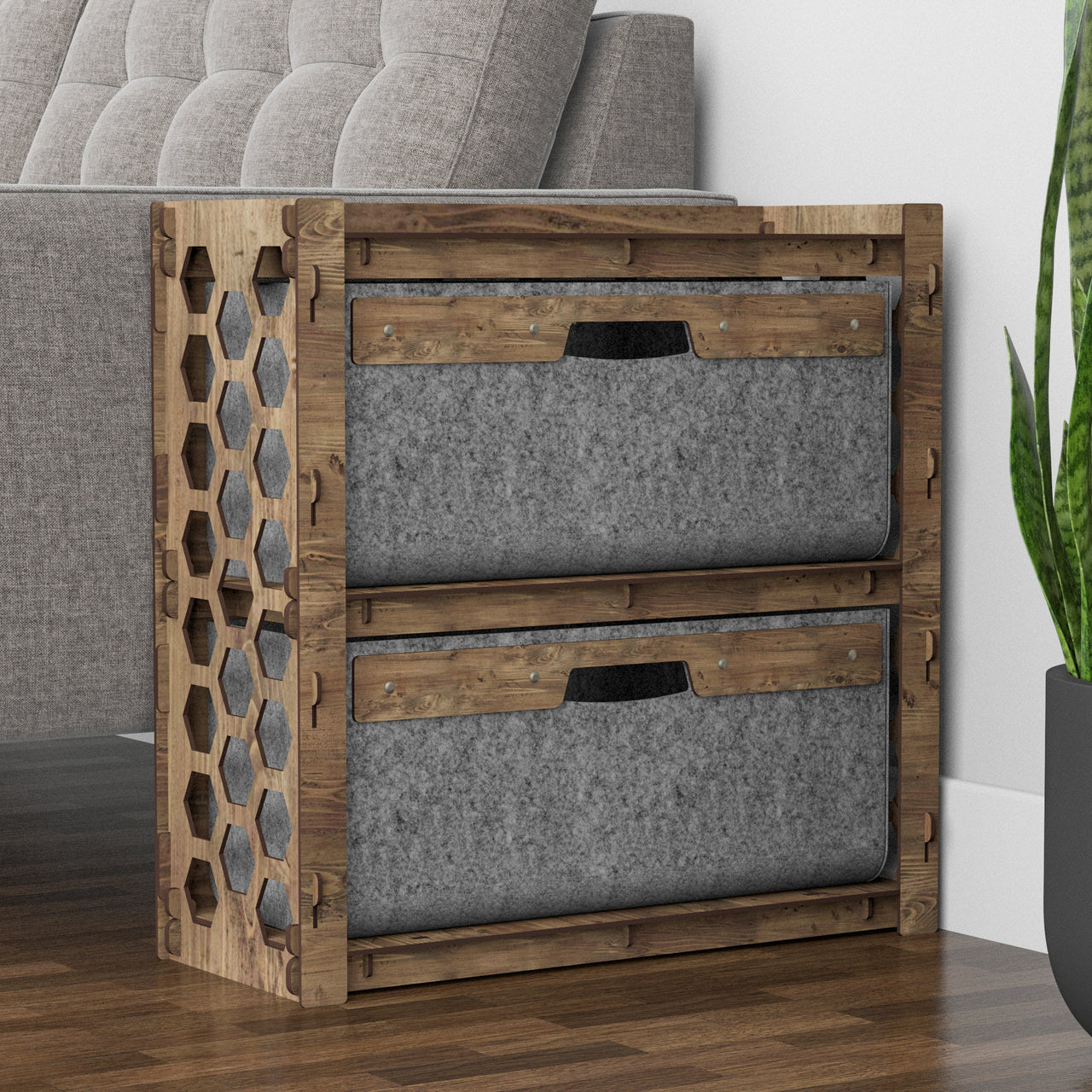 Honeycomb Side Table, End Table 2 Drawers [2 LARGE GRAY BINS]