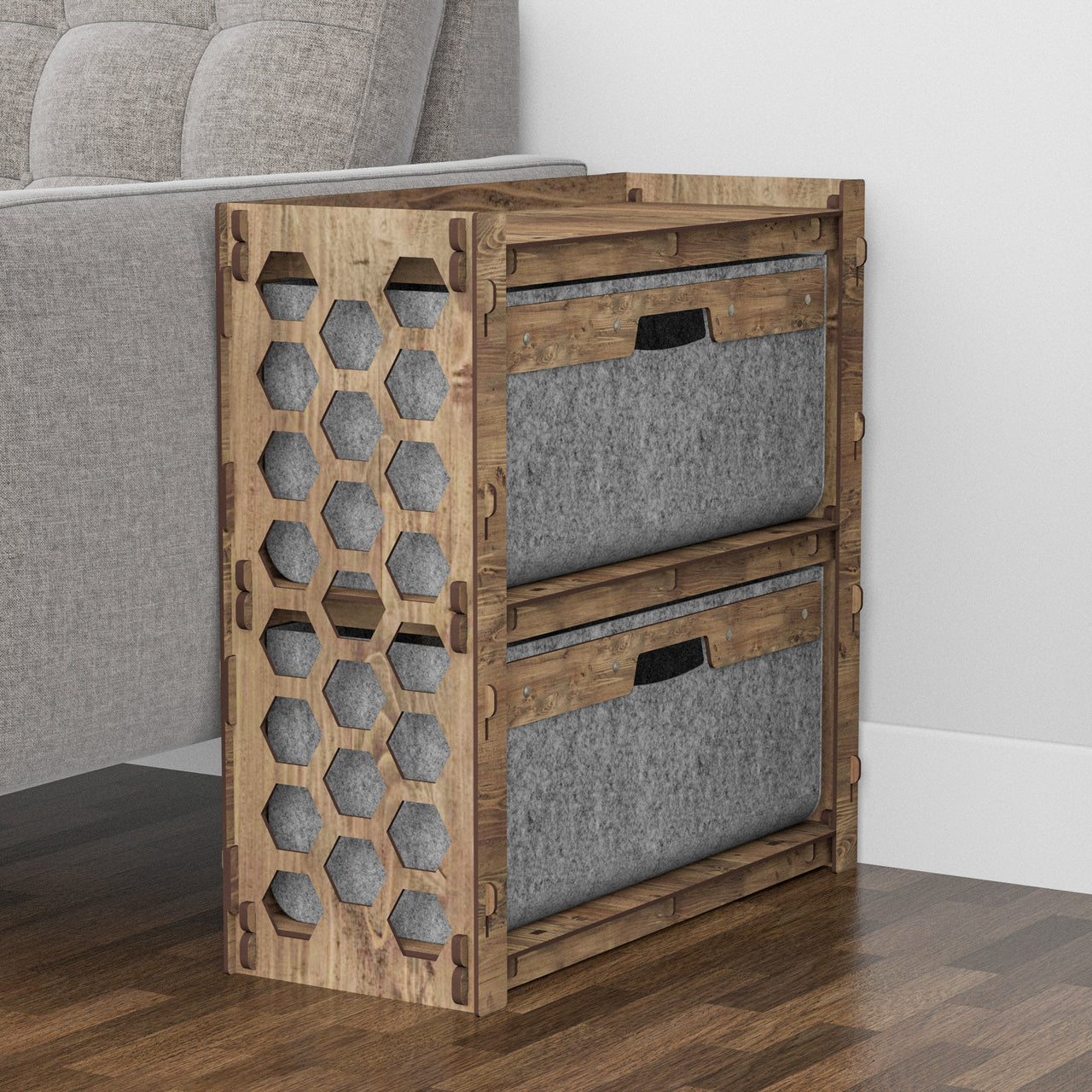 Honeycomb Side Table, End Table 2 Drawers [2 LARGE GRAY BINS]