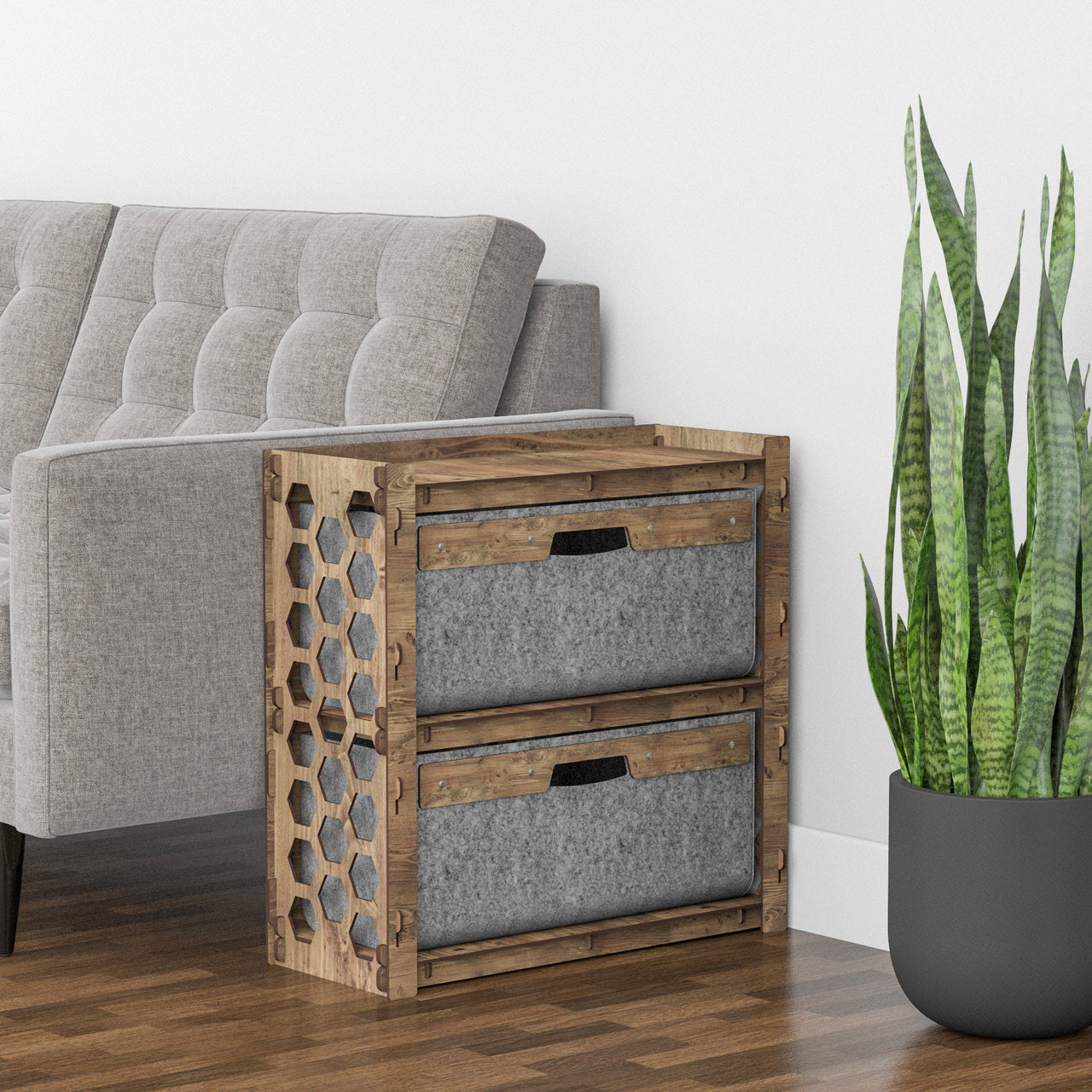 Honeycomb Side Table, End Table 2 Drawers [2 LARGE GRAY BINS]