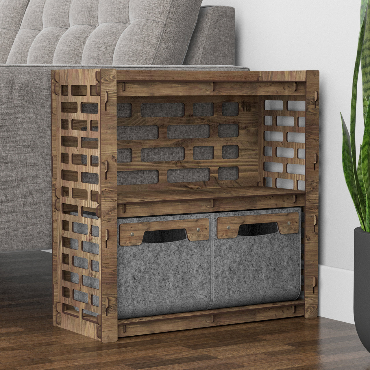 Brickwall Side Table, End Table 2 Drawers [2 SMALL GRAY BINS]