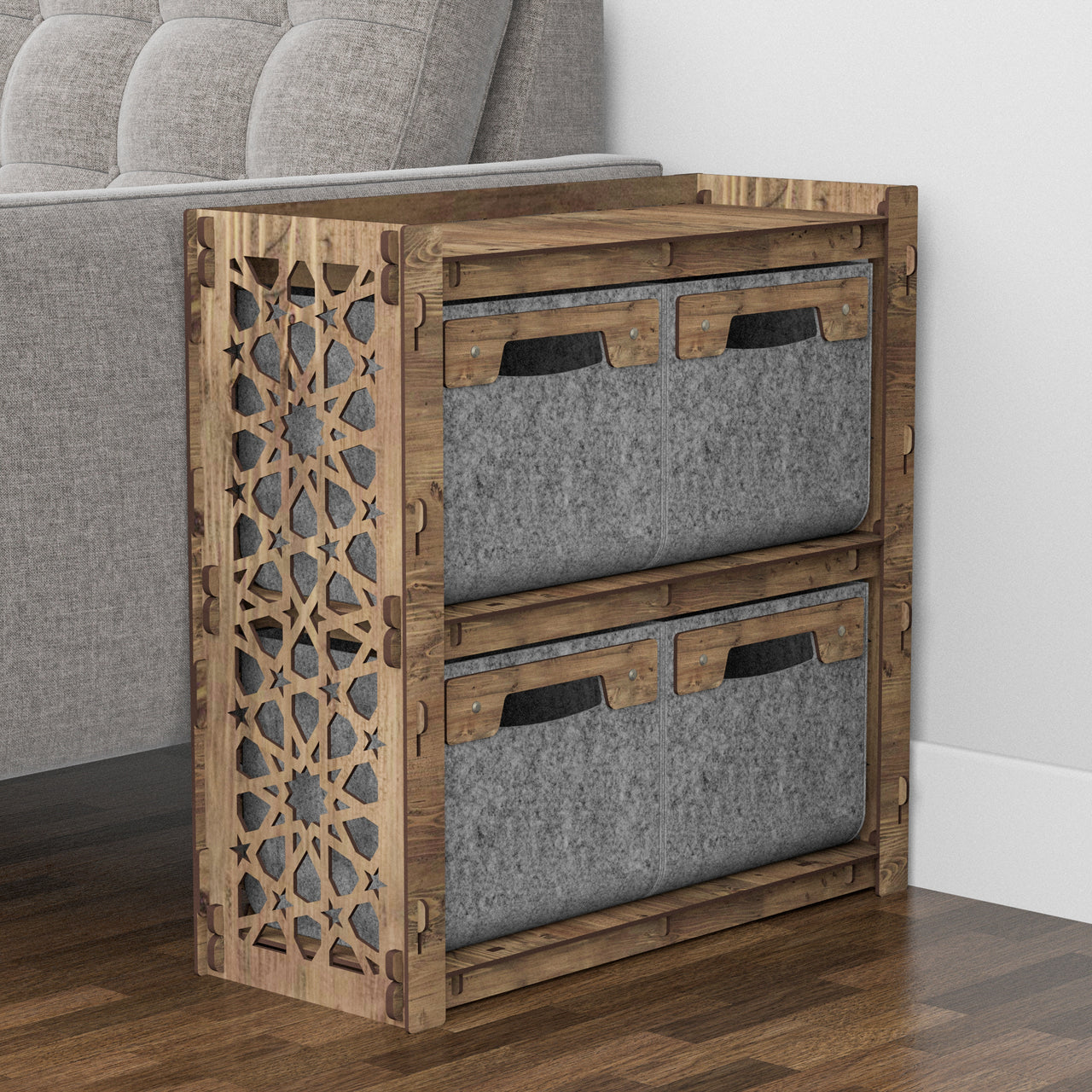 Arabic Side Table, End Table 4 Drawers [4 SMALL GRAY BINS]