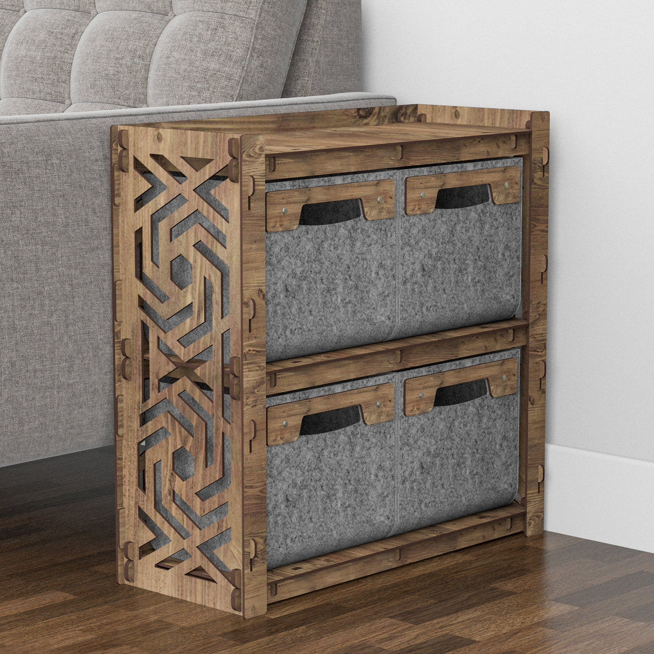 Solar Side Table, End Table 4 Drawers [4 SMALL GRAY BINS]