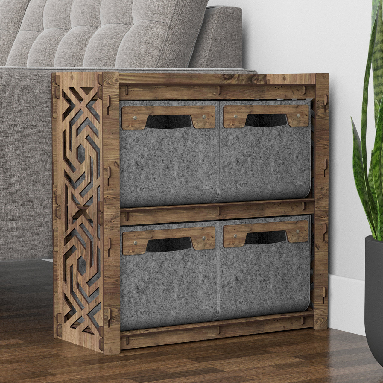 Solar Side Table, End Table 4 Drawers [4 SMALL GRAY BINS]