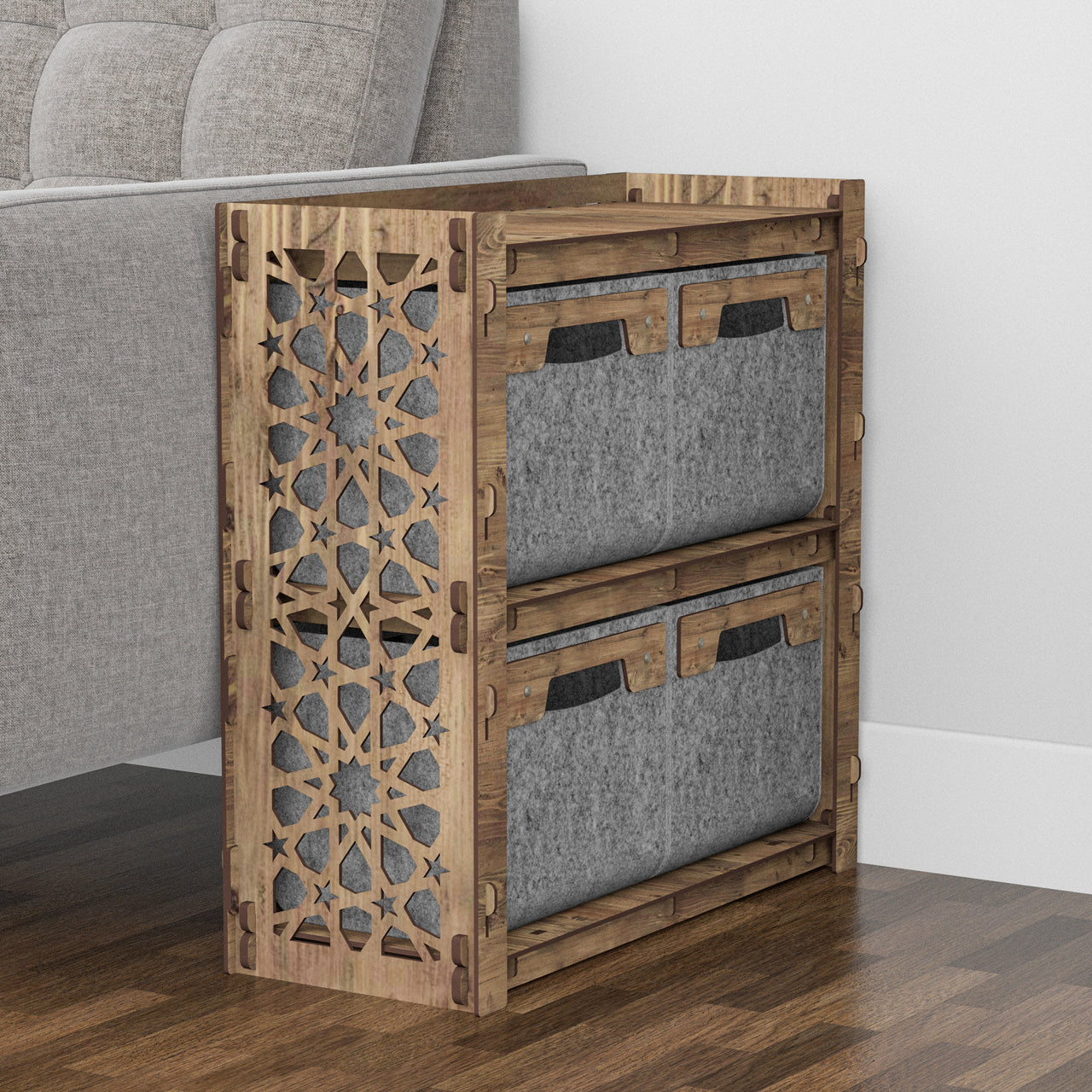 Arabic Side Table, End Table 4 Drawers [4 SMALL GRAY BINS]