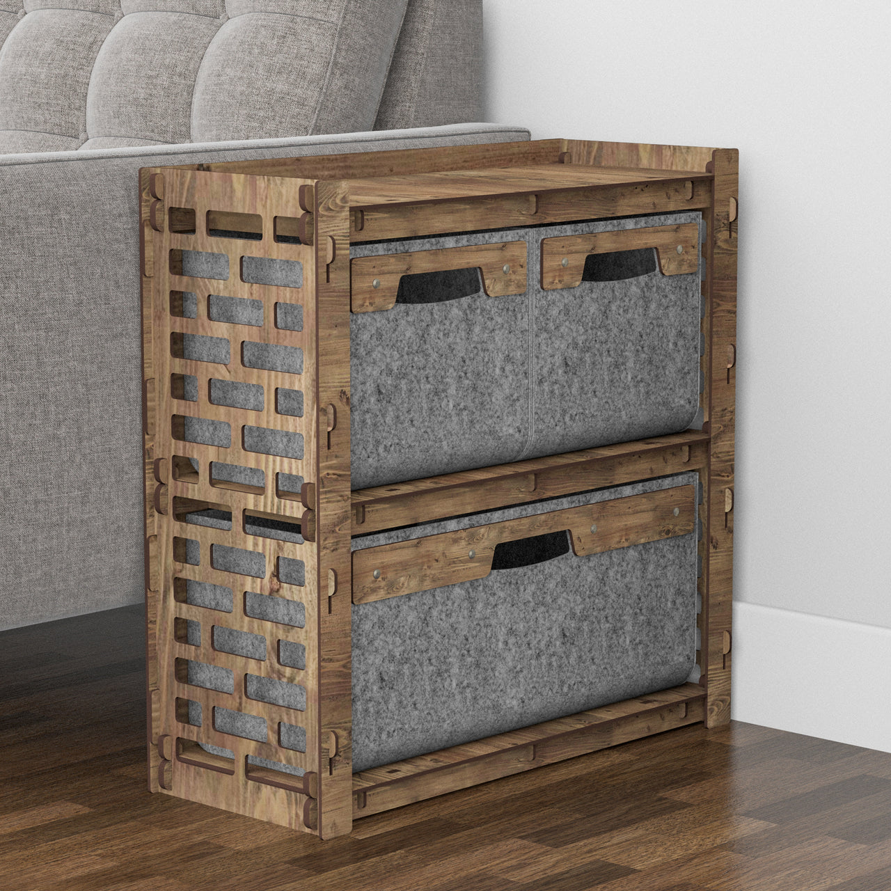 Brickwall Side Table, End Table 3 Drawers [1L 2S GRAY BINS]