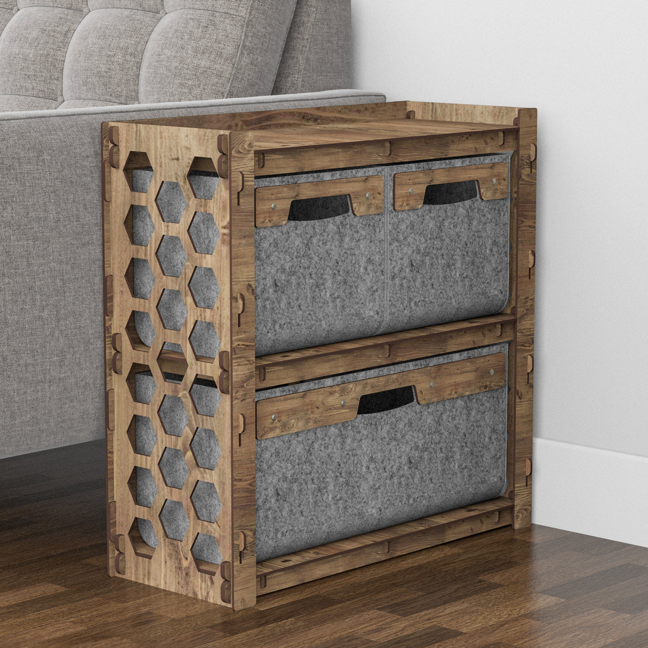 Honeycomb Side Table, End Table 3 Drawers [1L 2S GRAY BINS]