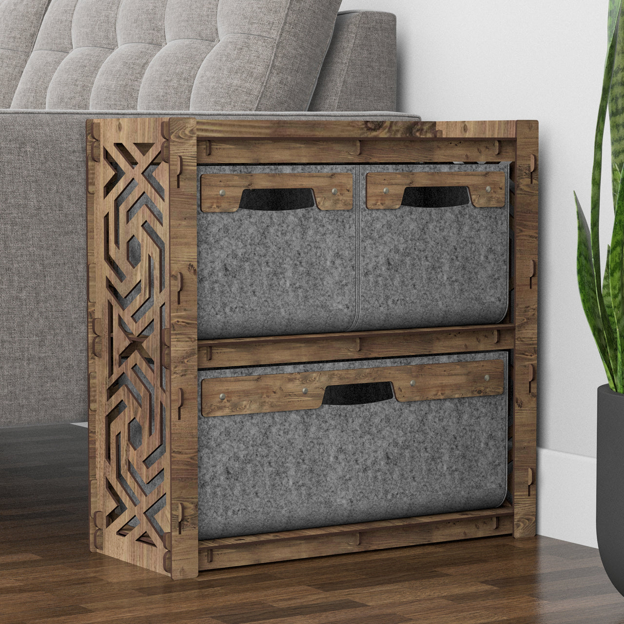 Solar Side Table, End Table 3 Drawers [1L 2S GRAY BINS]