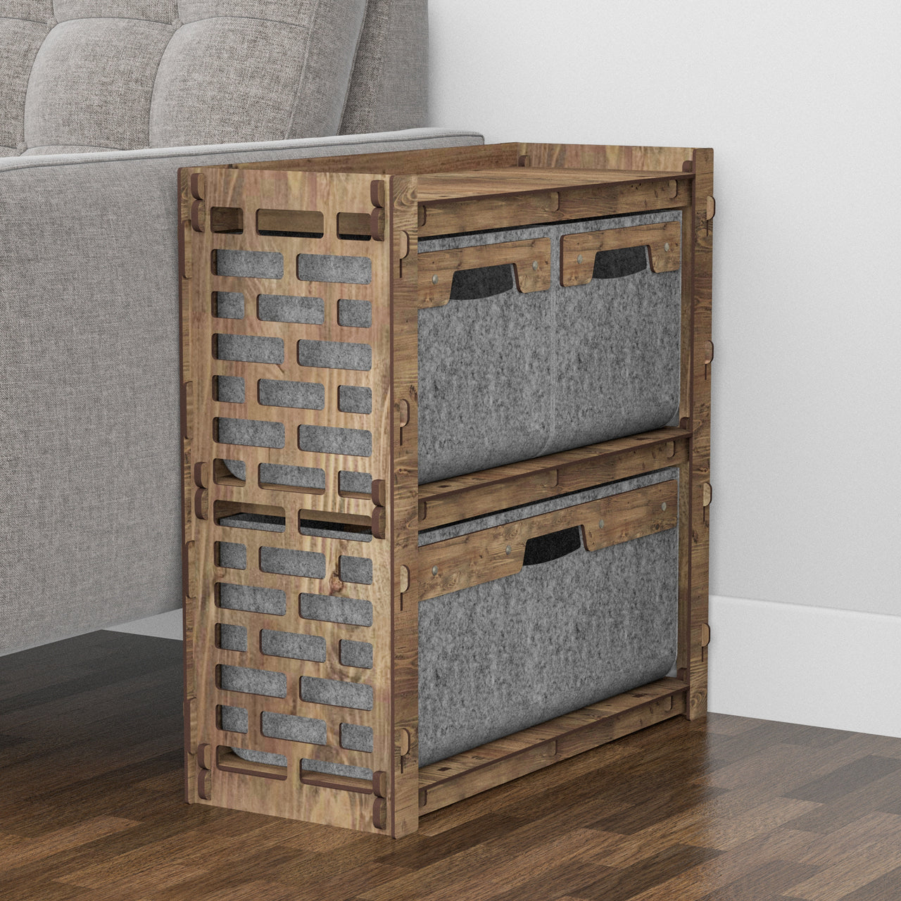 Brickwall Side Table, End Table 3 Drawers [1L 2S GRAY BINS]