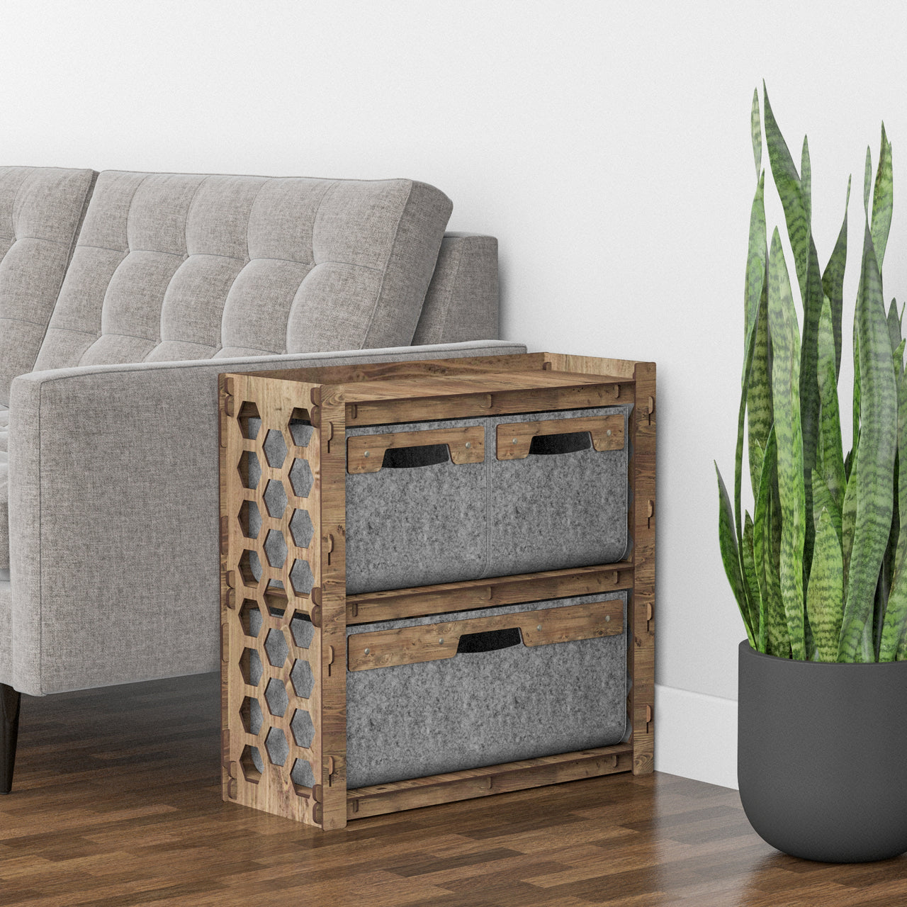 Honeycomb Side Table, End Table 3 Drawers [1L 2S GRAY BINS]