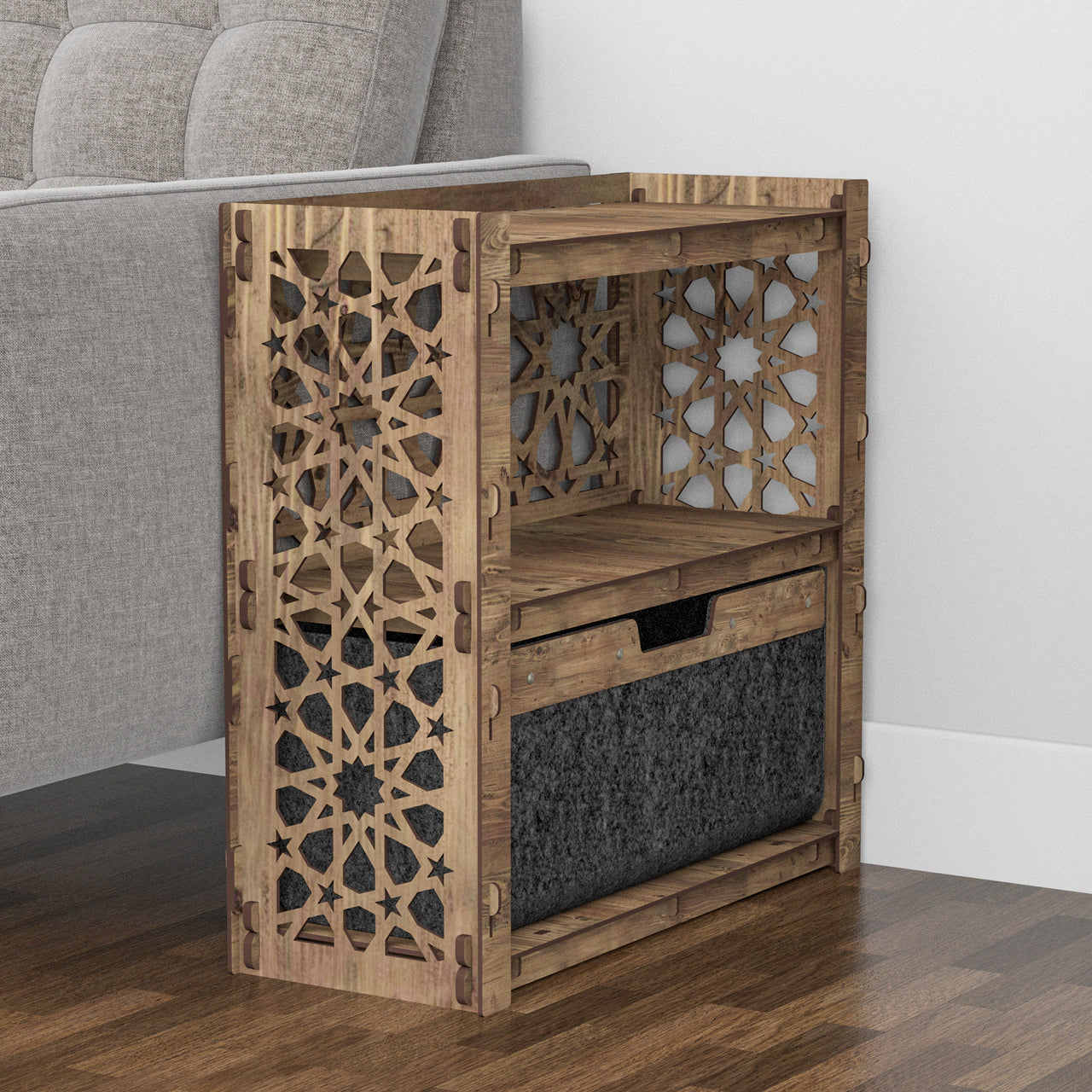 Arabic Side Table, End Table 1 Drawer [1 LARGE BLACK BIN]