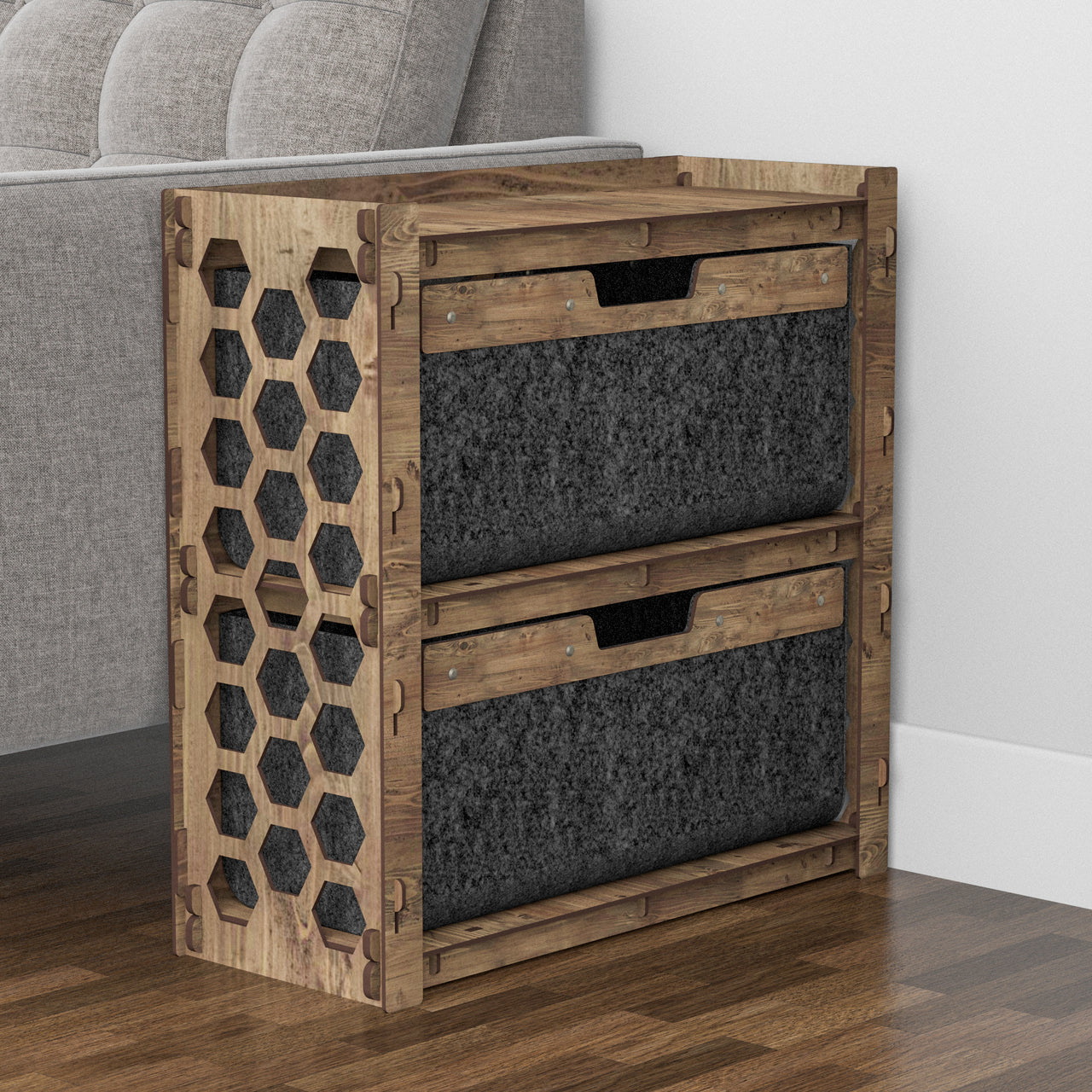 Honeycomb Side Table, End Table 2 Drawers [2 LARGE BLACK BIN]