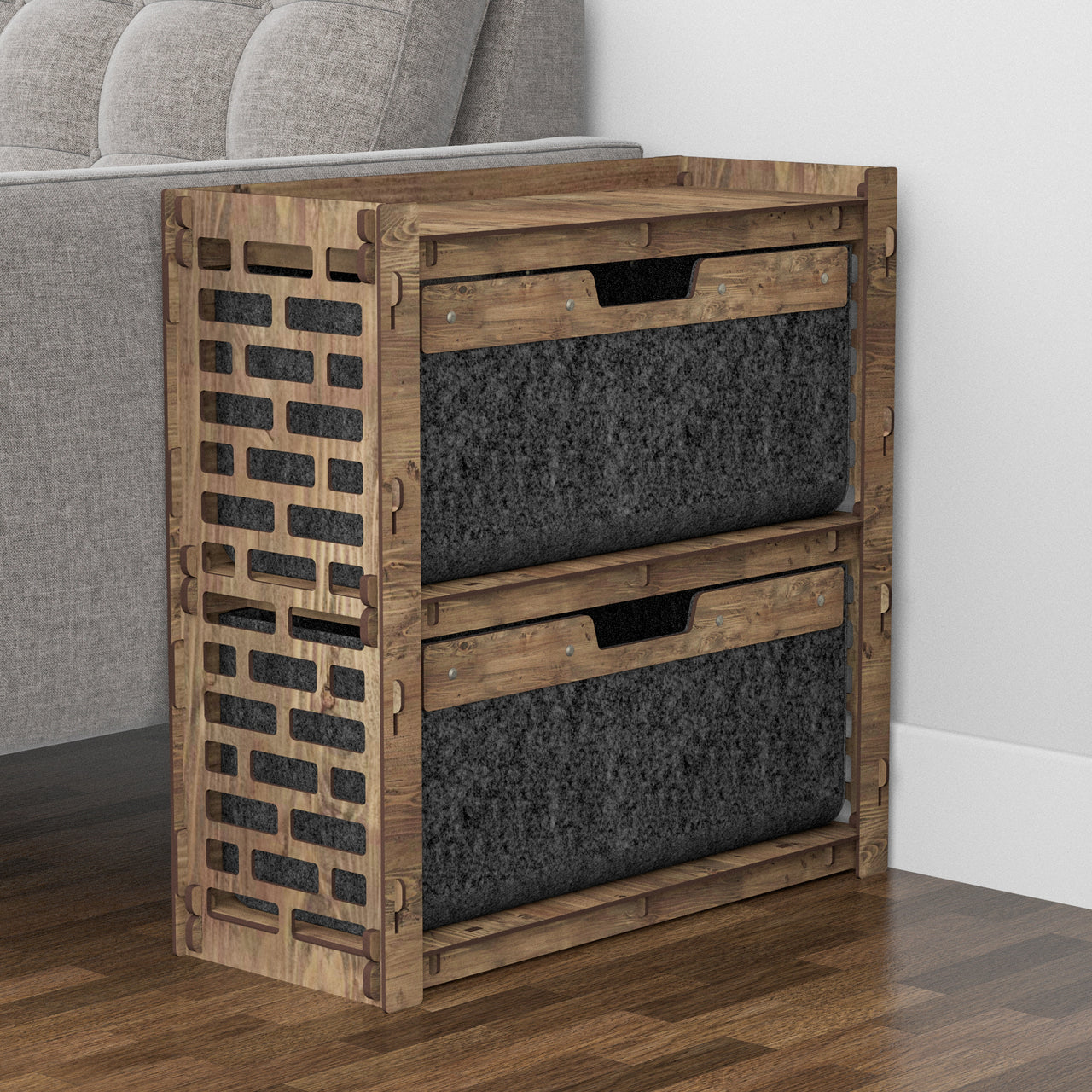 Brickwall Side Table, End Table 2 Drawers [2 LARGE BLACK BINS]