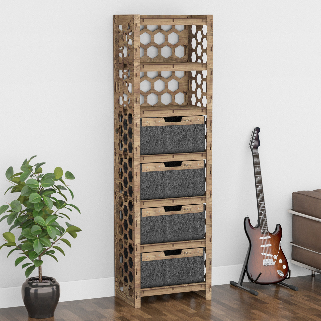 Honeycomb Tall 4 Drawer Storage Tower [4 LARGE BLACK BINS]