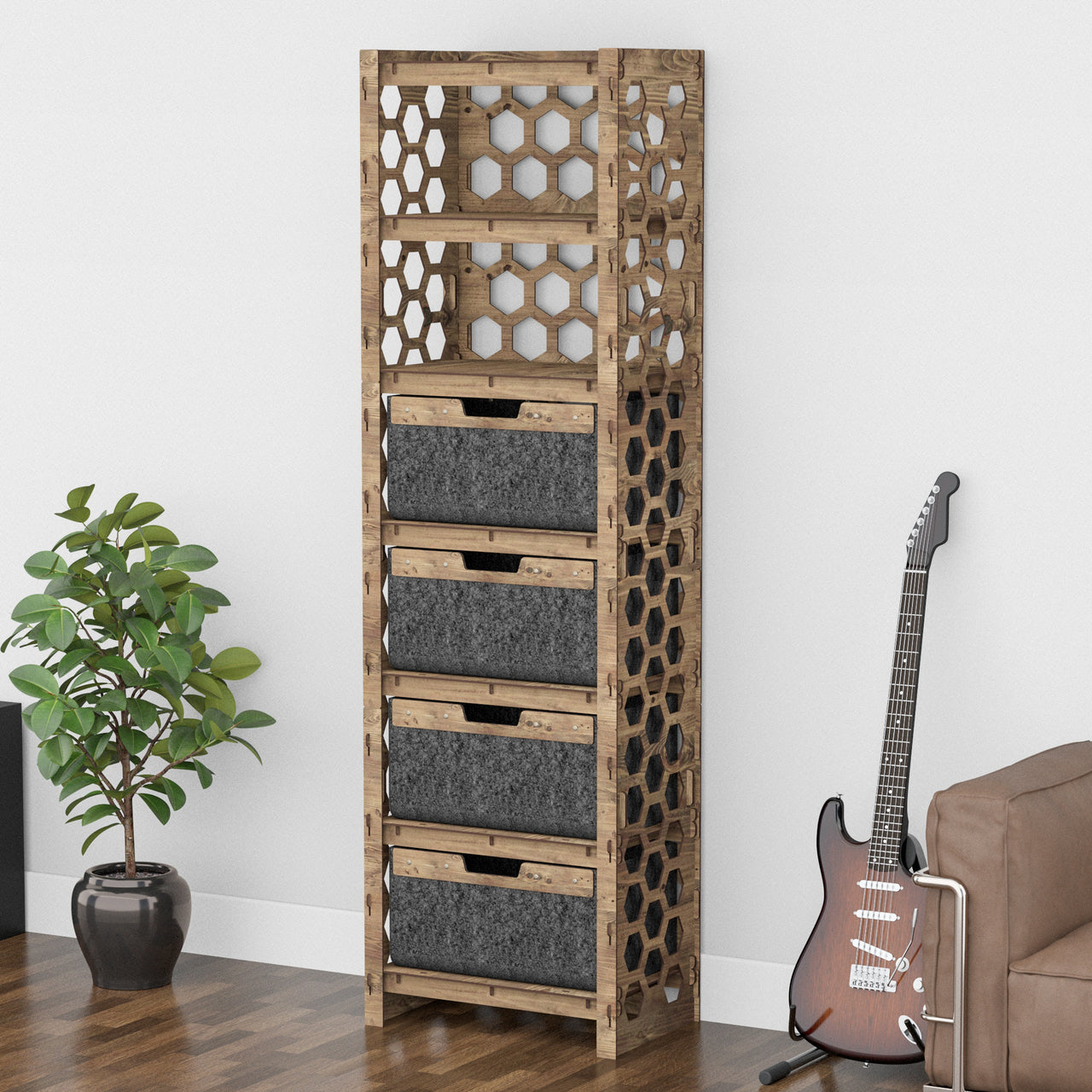 Honeycomb Tall 4 Drawer Storage Tower [4 LARGE BLACK BINS]