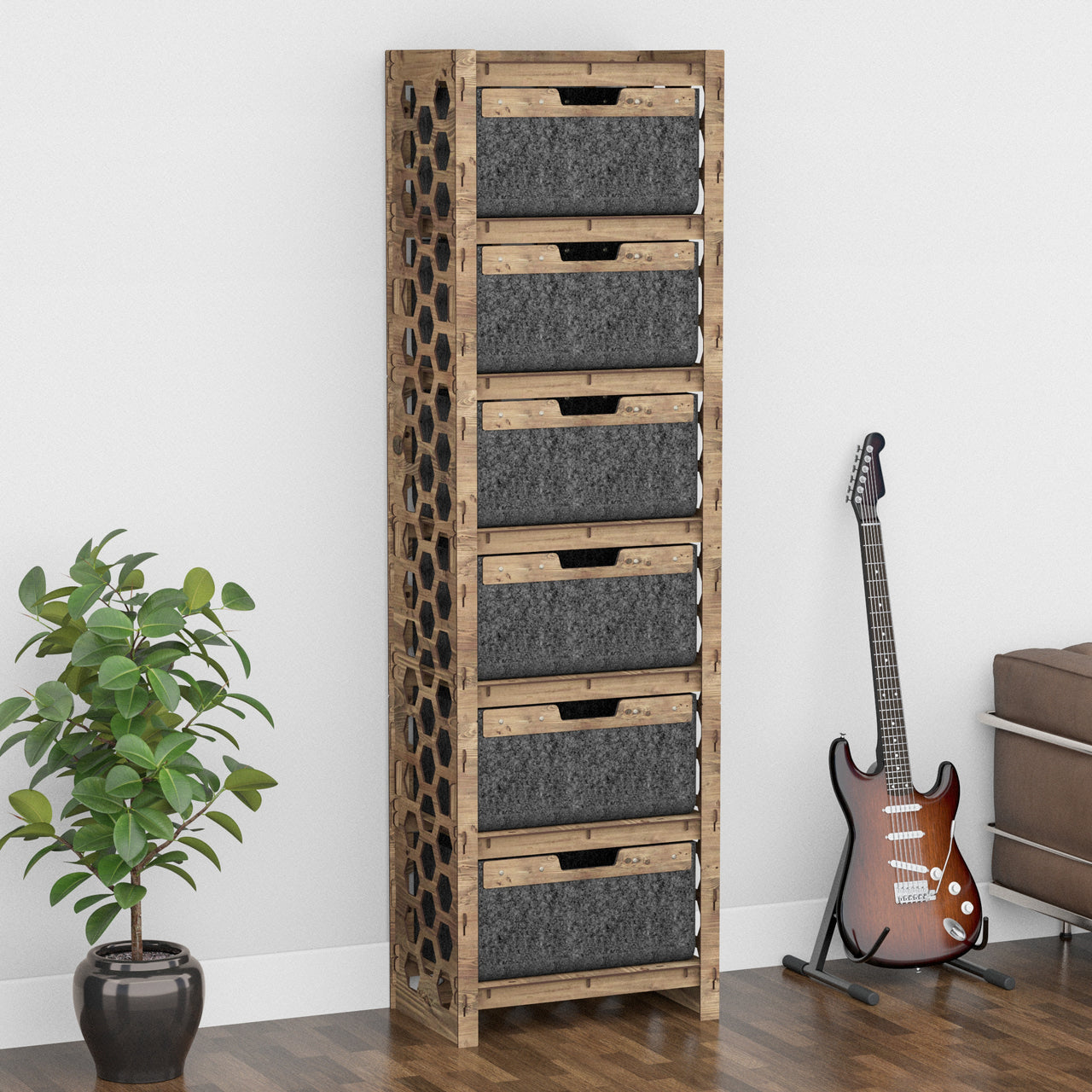 Honeycomb Tall 6 Drawer Storage Tower [6 LARGE BLACK BINS]