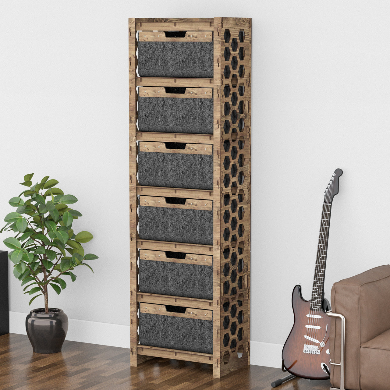 Honeycomb Tall 6 Drawer Storage Tower [6 LARGE BLACK BINS]