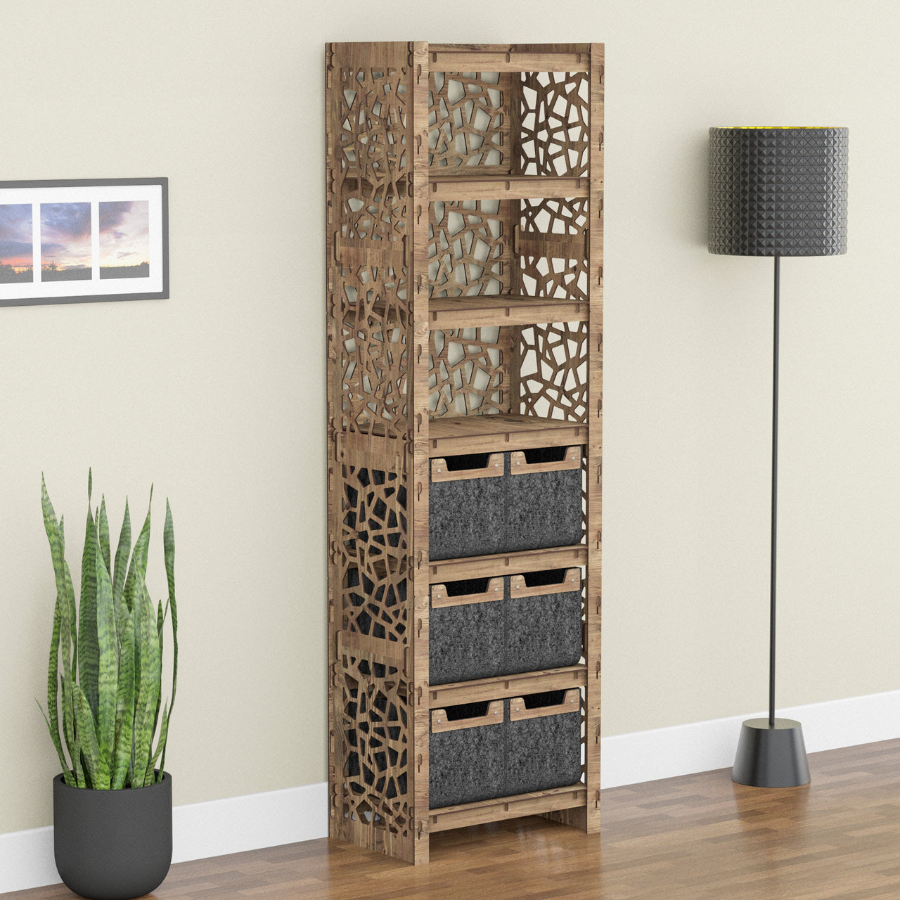 Stones Tall 6 Drawer Storage Tower [6 SMALL BLACK BINS]