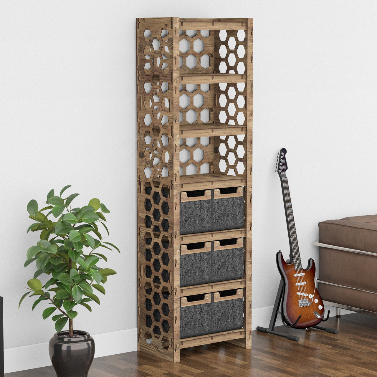 Honeycomb Tall 6 Drawer Storage Tower [6 SMALL BLACK BINS]