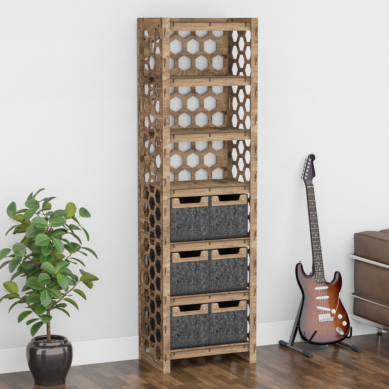 Honeycomb Tall 6 Drawer Storage Tower [6 SMALL BLACK BINS]