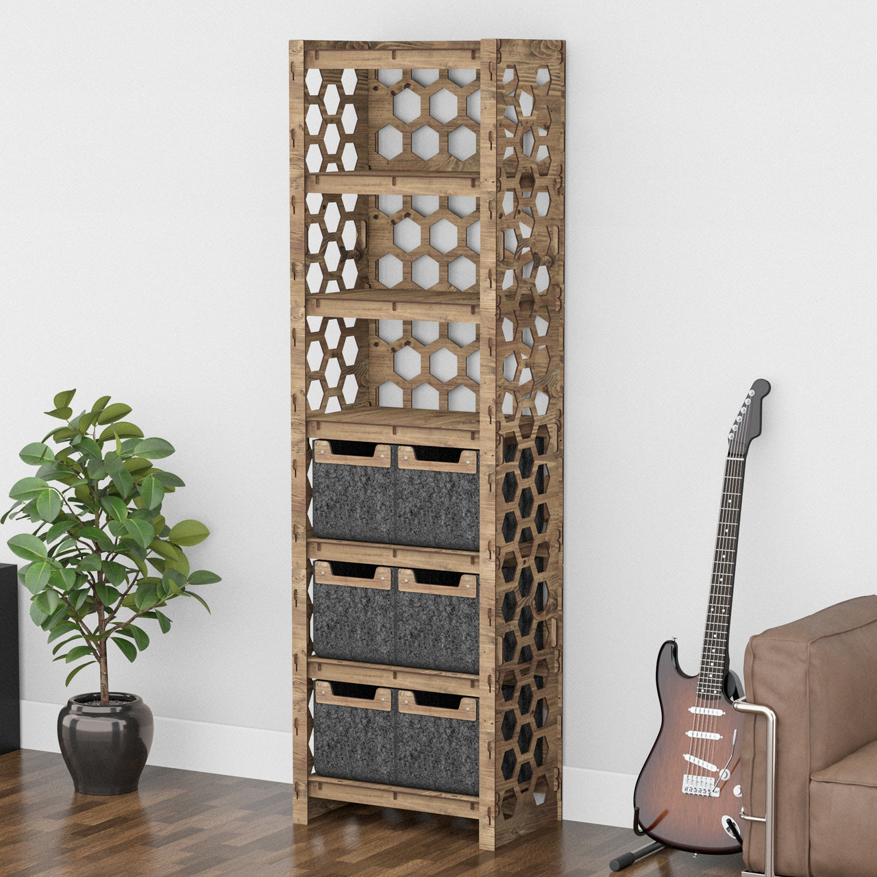 Honeycomb Tall 6 Drawer Storage Tower [6 SMALL BLACK BINS]