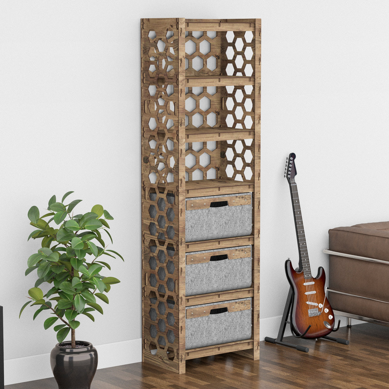 Honeycomb Tall 3 Drawer Storage Tower [3 LARGE GRAY BINS]