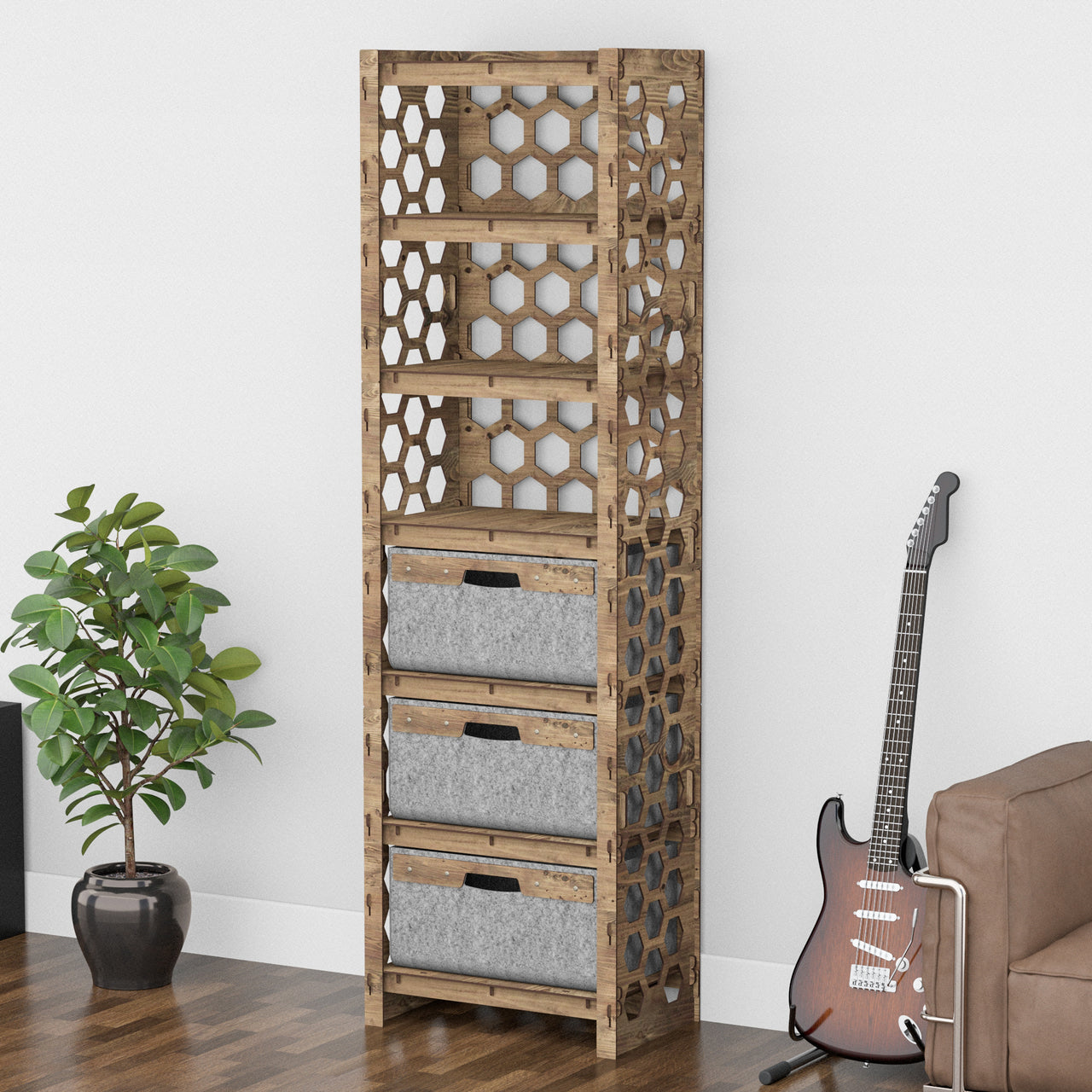 Honeycomb Tall 3 Drawer Storage Tower [3 LARGE GRAY BINS]