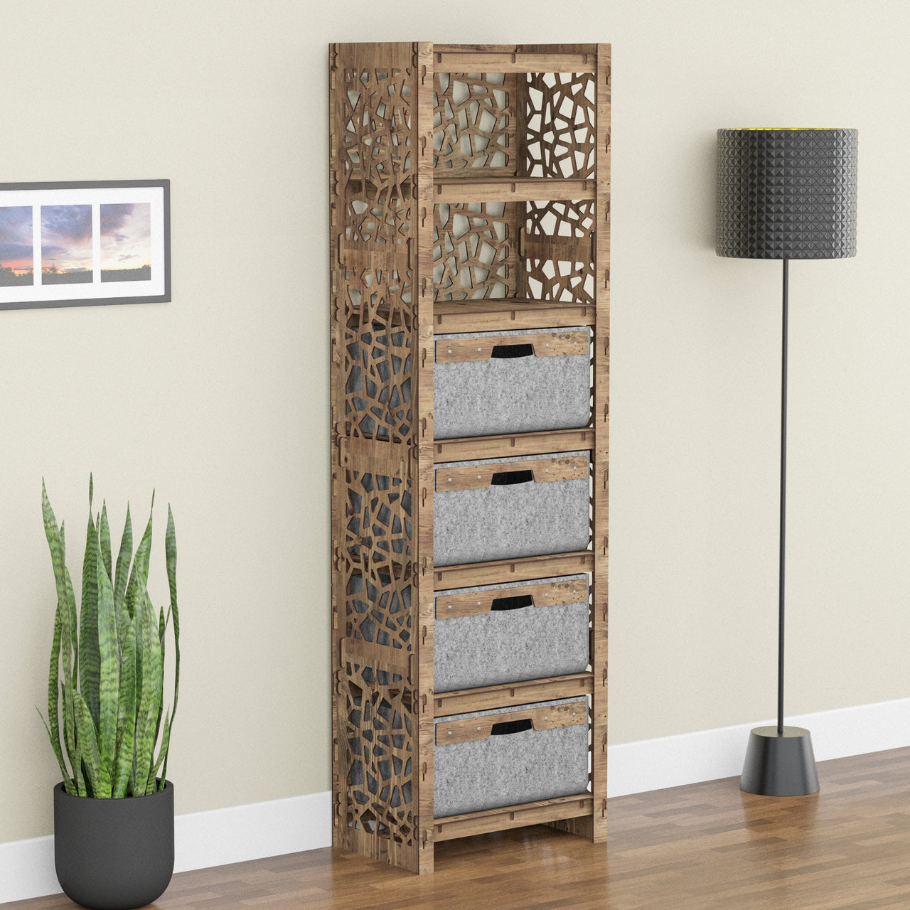 Stones Tall 4 Drawer Storage Tower [4 LARGE GRAY BINS]