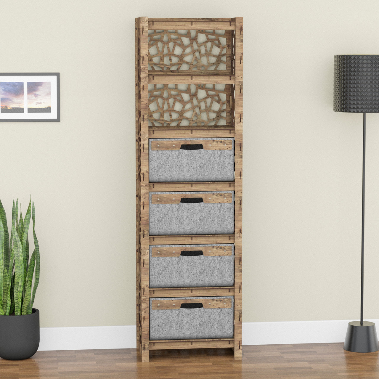 Stones Tall 4 Drawer Storage Tower [4 LARGE GRAY BINS]